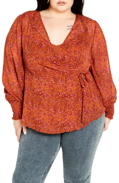 City Chic Alexis Paisley Long Sleeve Wrap Top In Retro Paisley