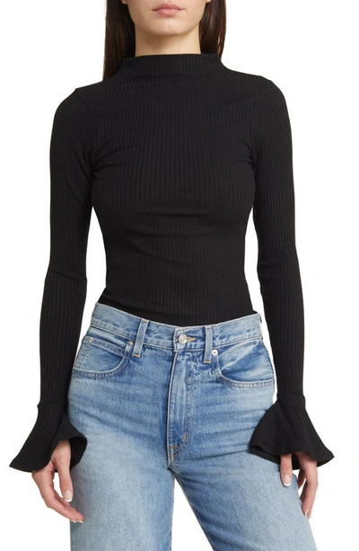 Asos Design Funnel Neck Bell Cuff Ribbed Top In Black