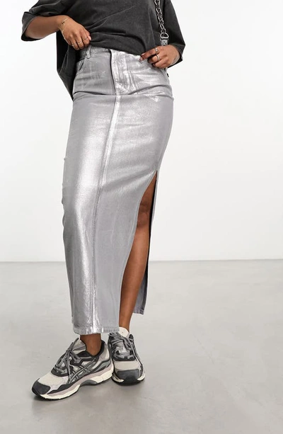 Asos Design Metallic Denim Maxi Skirt In Silver