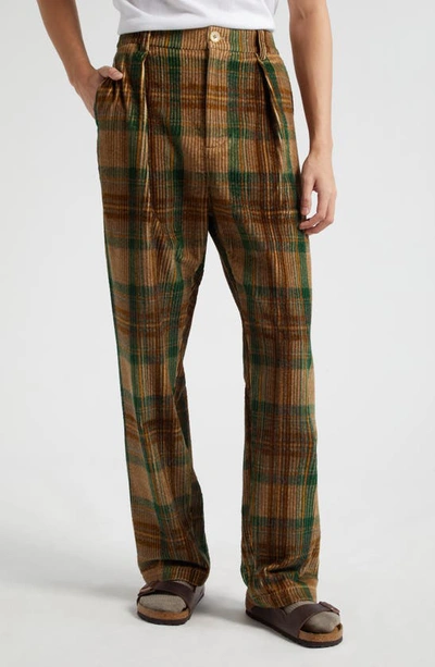 The Elder Statesman Plaid Pleated Corduroy Trousers In Olive