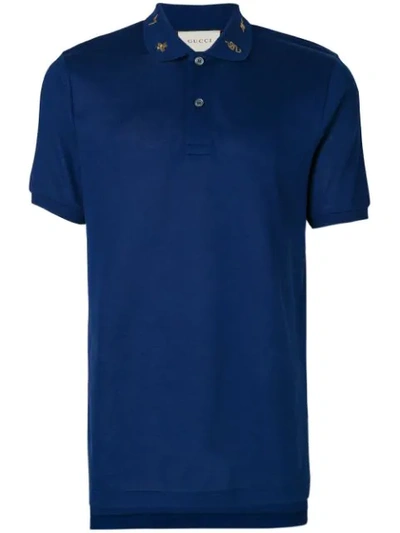 Gucci Embroidered Collar Polo Shirt In Blue