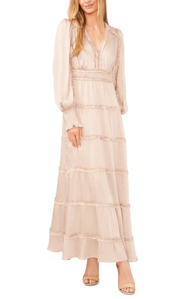 Cece Ruffle Long Sleeve Satin Maxi Dress In Champagne | ModeSens