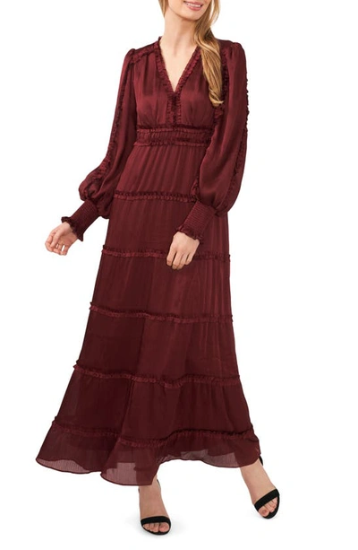 Cece Ruffle Long Sleeve Satin Maxi Dress In Deep Red