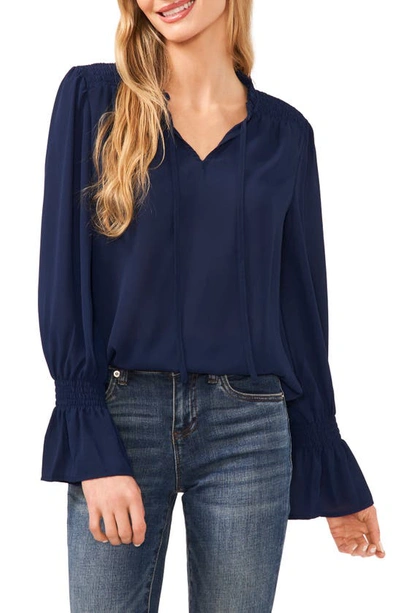 Cece Tie Neck Ruffle Cuff Long Sleeve Top In Classic Navy