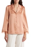 By Design Laine Feather Trim Satin Button-up Top In Copper