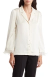 By Design Laine Feather Trim Satin Button-up Top In Ivory