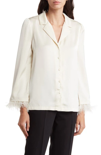 By Design Laine Feather Trim Satin Button-up Top In Ivory