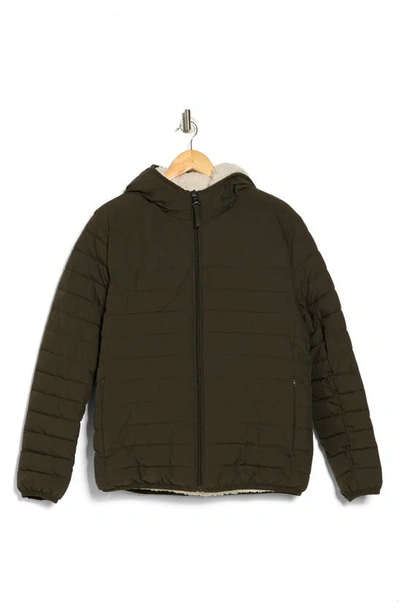 Calvin Klein Faux Shearling Lined Hooded Puffer Jacket In Olive