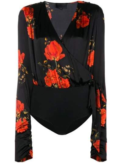Philipp Plein Floral Printed Wrap Bodysuit In Black