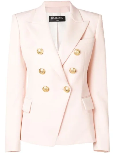 Balmain Long Double Breasted Wool Blazer In Pink