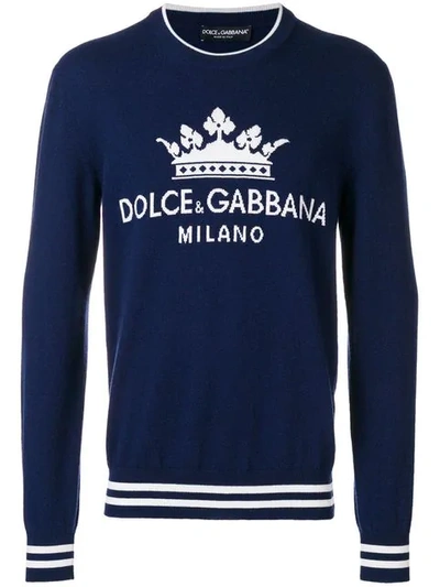 Dolce & Gabbana Pull With Crown Logo Intarsia In Blue,white