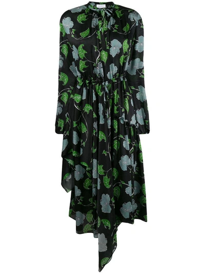 Christian Wijnants Floral Print Asymmetrical Silk Charmeuse Dress In Black