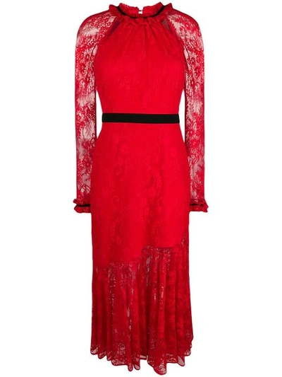 Three Floor Lace Pattern Dress In Red