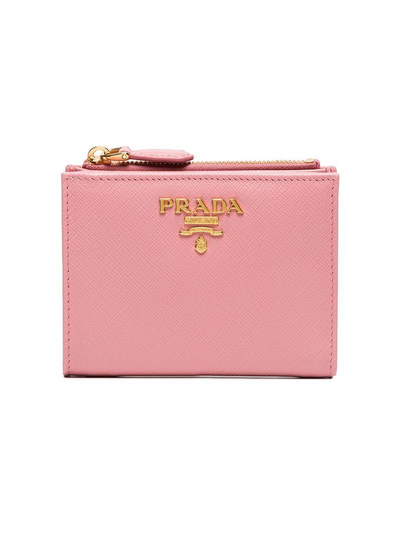 Prada Pink Small Logo Leather Zip Wallet - Pink & Purple | ModeSens