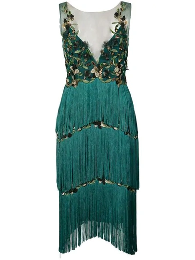 Marchesa Notte Fringed Appliqu Dress In Green | ModeSens