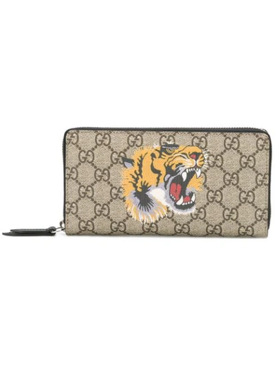 Gucci Tiger Print Gg Supreme Card Case In Brown