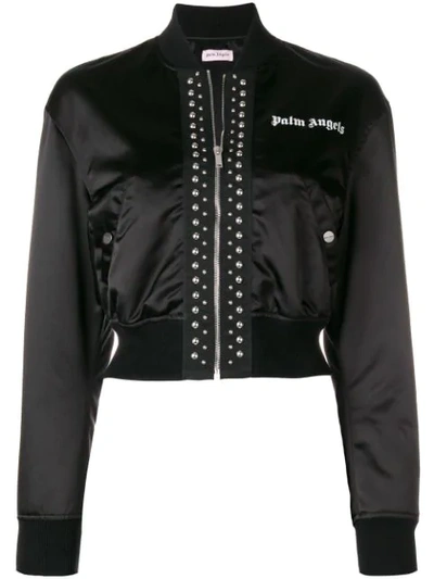Palm Angels Cropped Satin Bomber Jacket In Black