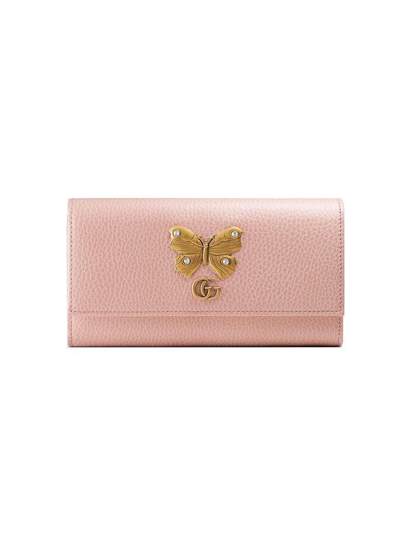 Gucci Leather Continental Wallet With Butterfly - Pink In Pink & Purple | ModeSens
