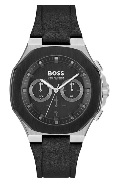 Hugo Boss Taper Chronograph Leather Strap Watch In Black