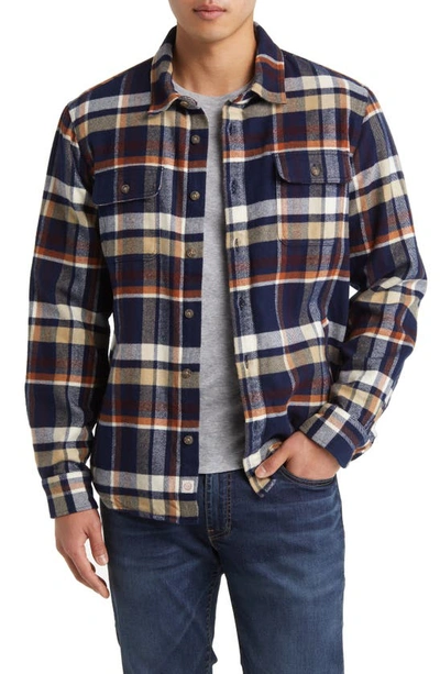 Marine Layer Signature Plaid Flannel Lined Button-up Camping Shirt In Navy/ Brown Plaid