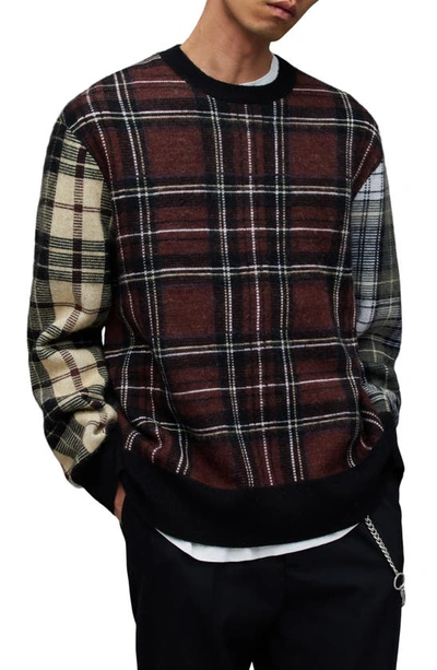 Allsaints Ness Plaid Wool Blend Crewneck Sweater In Black/maroon Red