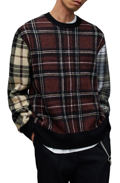 Allsaints Ness Plaid Wool Blend Crewneck Jumper In Black/maroon Red