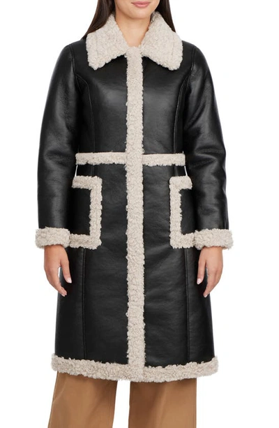 Badgley Mischka Faux Leather Coat With Faux Shearling Trim In