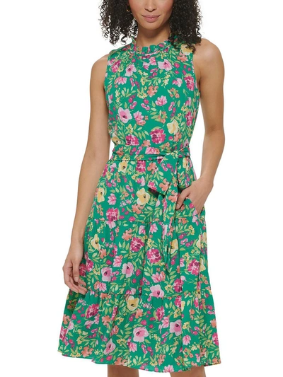 Jessica Howard Petites Womens Chiffon Ruffled Fit & Flare Dress In Green