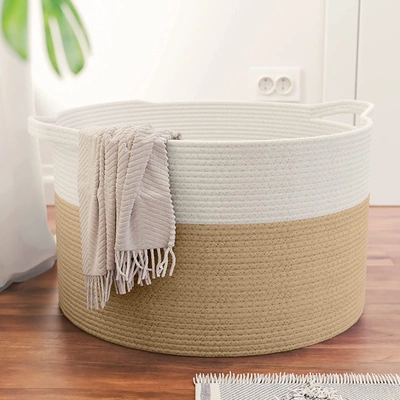 Ornavo Home Extra Large Round Cotton Rope Storage Basket Laundry Hamper With Handles