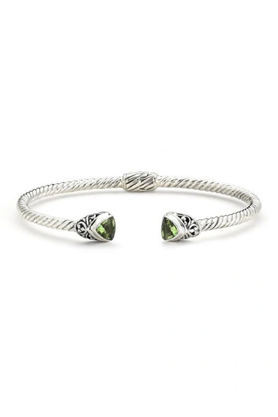 Samuel B. Sterling Silver Bezel Set Trillion Cut Peridot End Twisted Cable Hinge Bangle In Green