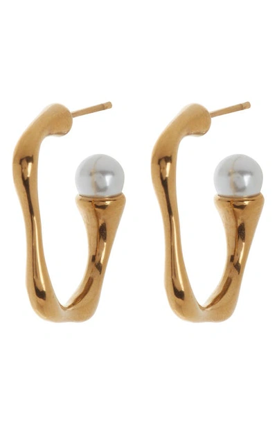 Nordstrom Rack Waterproof Imitation Pearl & Wavy Hoop Earrings In White- Gold