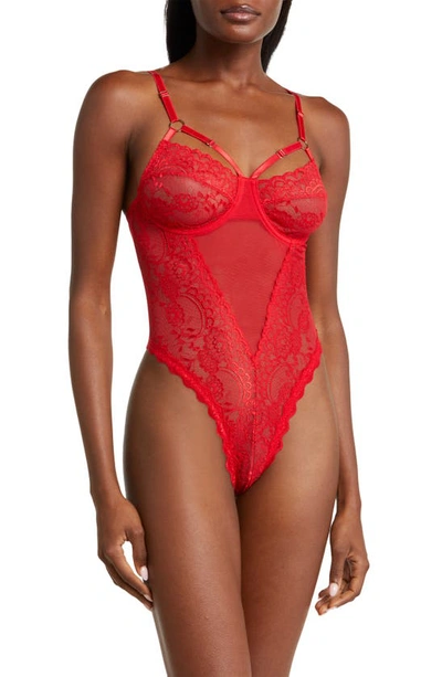 Coquette Lace & Mesh Teddy In Red