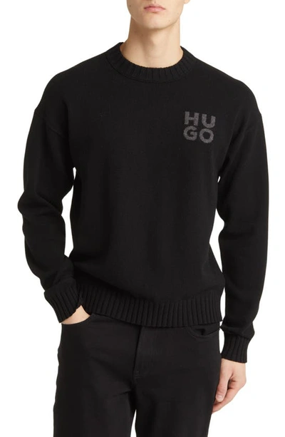 Hugo Boss San Cassio Stacked Logo Wool Blend Crewneck Sweater In Black