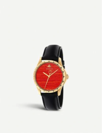 Gucci Ya126464 G-timeless Yellow-gold Pvd And Leather Watch In Black/red