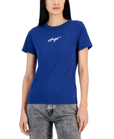 Hugo Cotton-jersey T-shirt With Metallic-effect Handwritten Logo In Blue