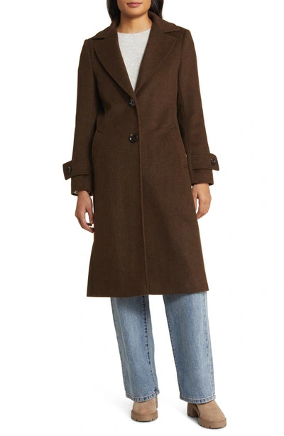 Sam Edelman Notch Collar Longline Wool Blend Coat In Chocolate