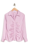 Calvin Klein Ruched Long Sleeve Satin Button-up Shirt In Cherry Blossom