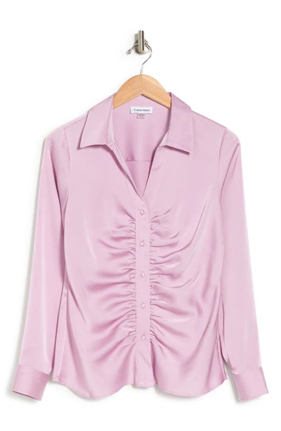 Calvin Klein Ruched Long Sleeve Satin Button-up Shirt In Cherry Blossom