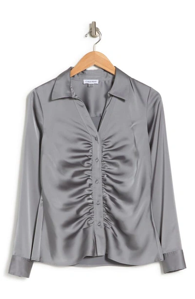 Calvin Klein Ruched Long Sleeve Satin Button-up Shirt In Tin