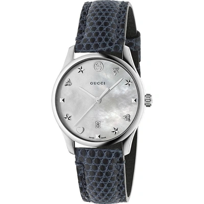 Gucci Ya126588 G-timeless Mother-of-pearl And Lizard-leather Strap Quartz Watch