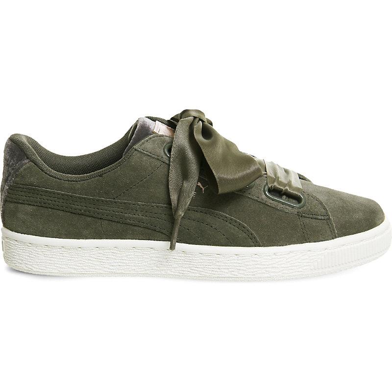 puma khaki basket heart suede velvet rope trainers