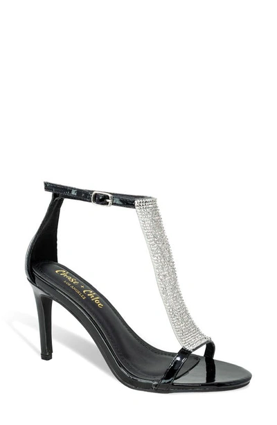 Chase & Chloe Gigi Rhinestone T-strap Sandal In Black Patent