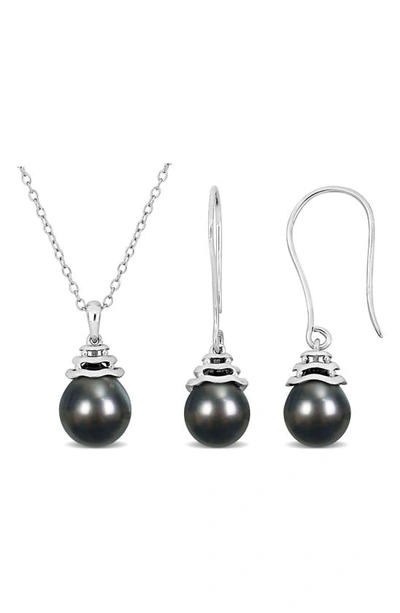 Delmar Cultured Freshwater Pearl Pendant Necklace & Drop Earrings Set In Black