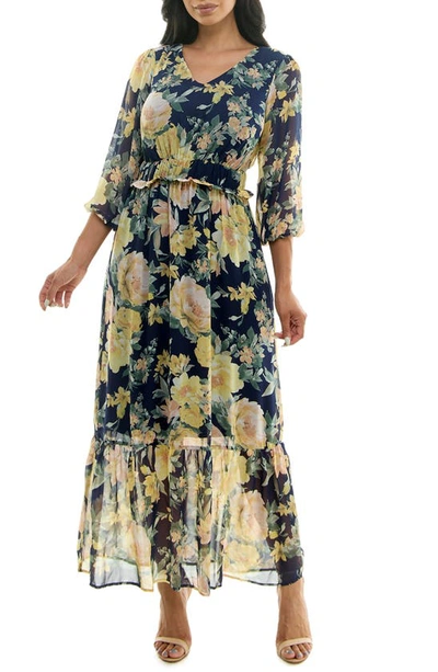 Nina Leonard Floral V-neck Maxi Dress In Navy Multi