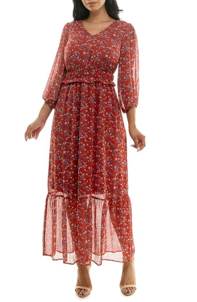 Nina Leonard Floral V-neck Maxi Dress In Rust Multi