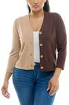 Nina Leonard Colorblock V-neck Cardigan In Tan/ Coffee Bean