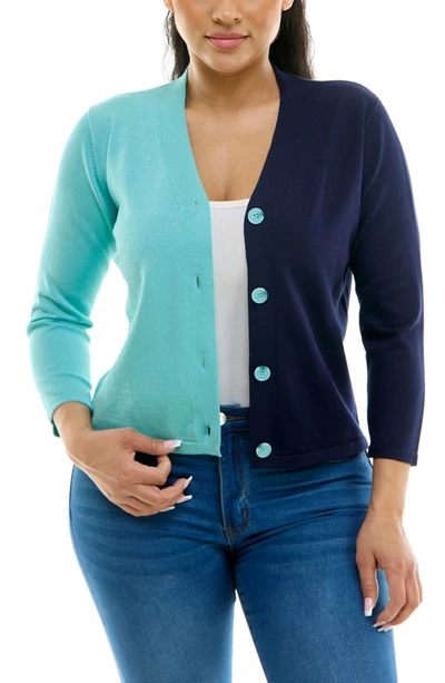 Nina Leonard Colorblock V-neck Cardigan In Mint/ Navy