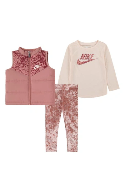 Nike Babies' Puffer Vest, Long Sleeve Tee & Velvet Leggings Set In Red Stardust