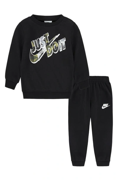 Nike Just Do It Camo Fleece Sweatshirt & Joggers Set In Black