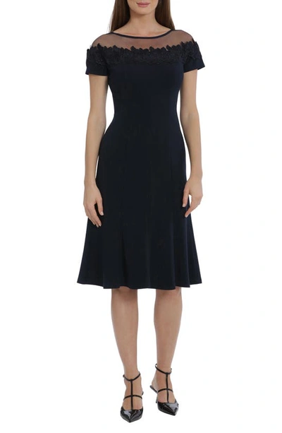 Maggy London Illusion Short Sleeve Fit & Flare Dress In Twilight Navy